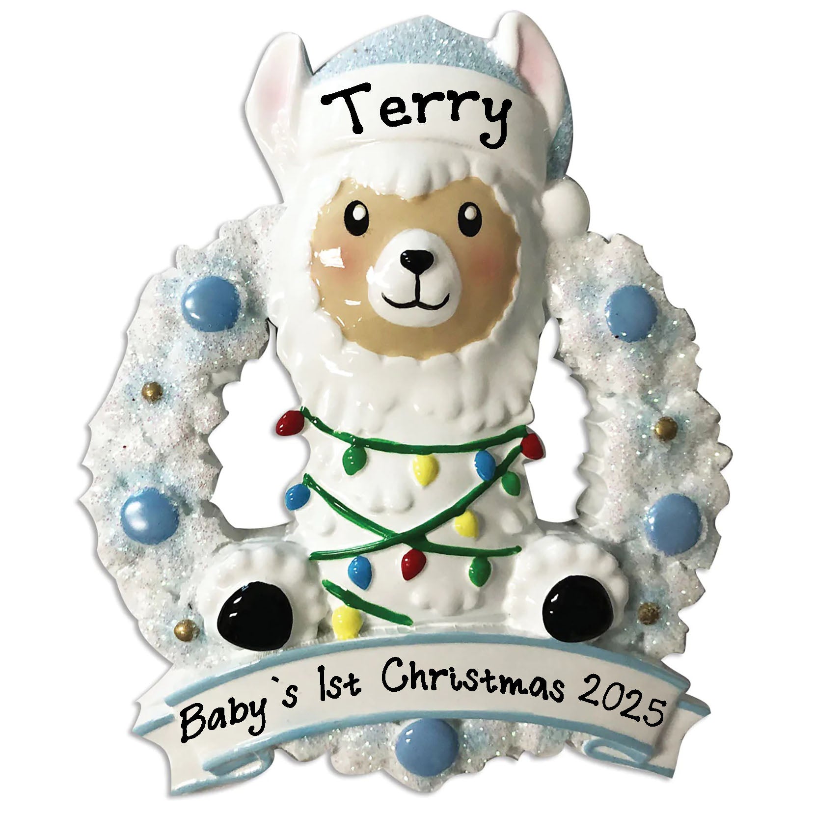 Baby Llama in Wreath Personalized Baby`s First Christmas Tree Hanging Ornament (Blue)