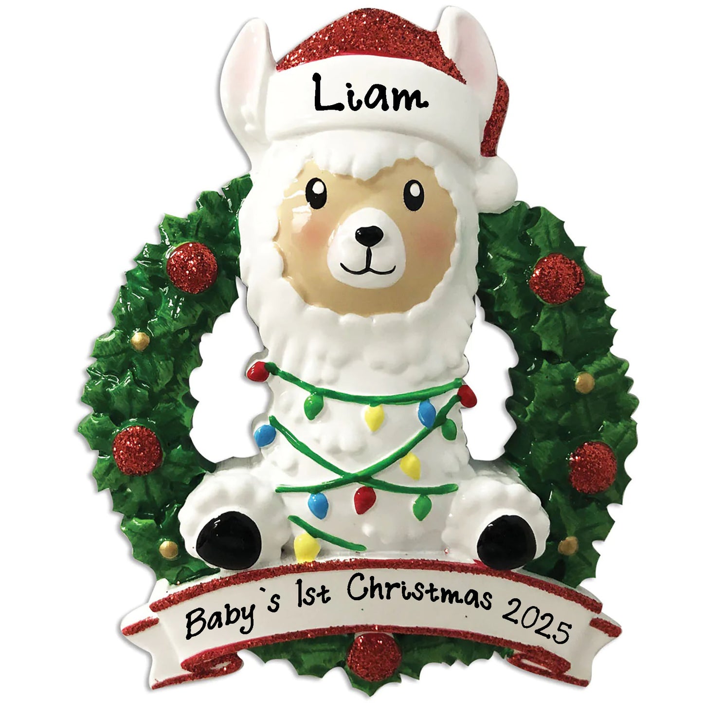 Baby Llama in WreathPersonalized Baby`s First Ornament- (Red)