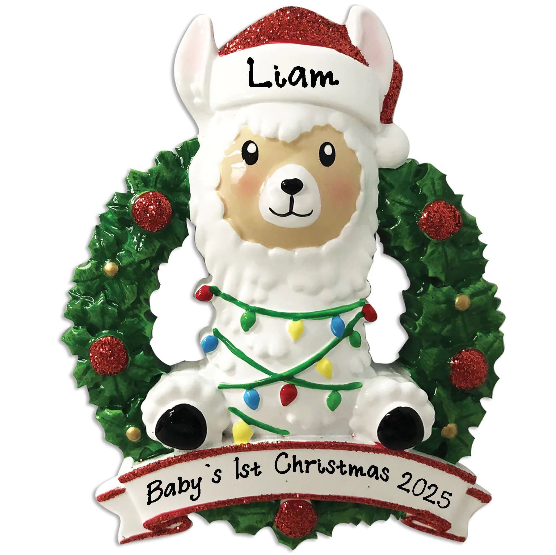 Baby Llama in WreathPersonalized Baby`s First Ornament- (Red)
