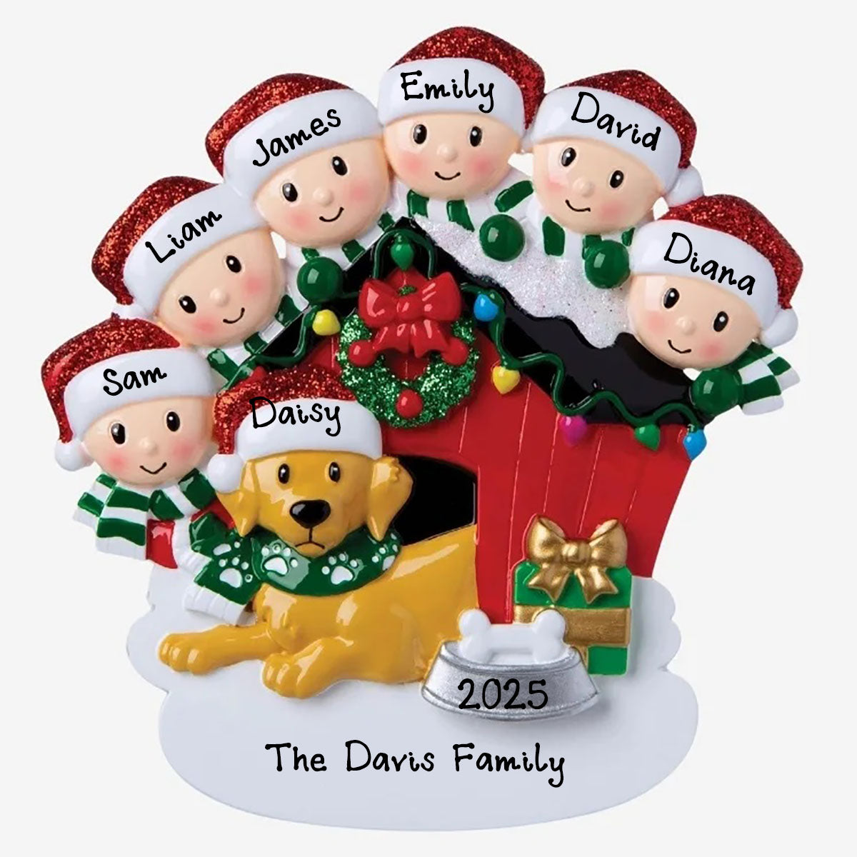 Family with Dog Personalized Ornament (Family of 6)