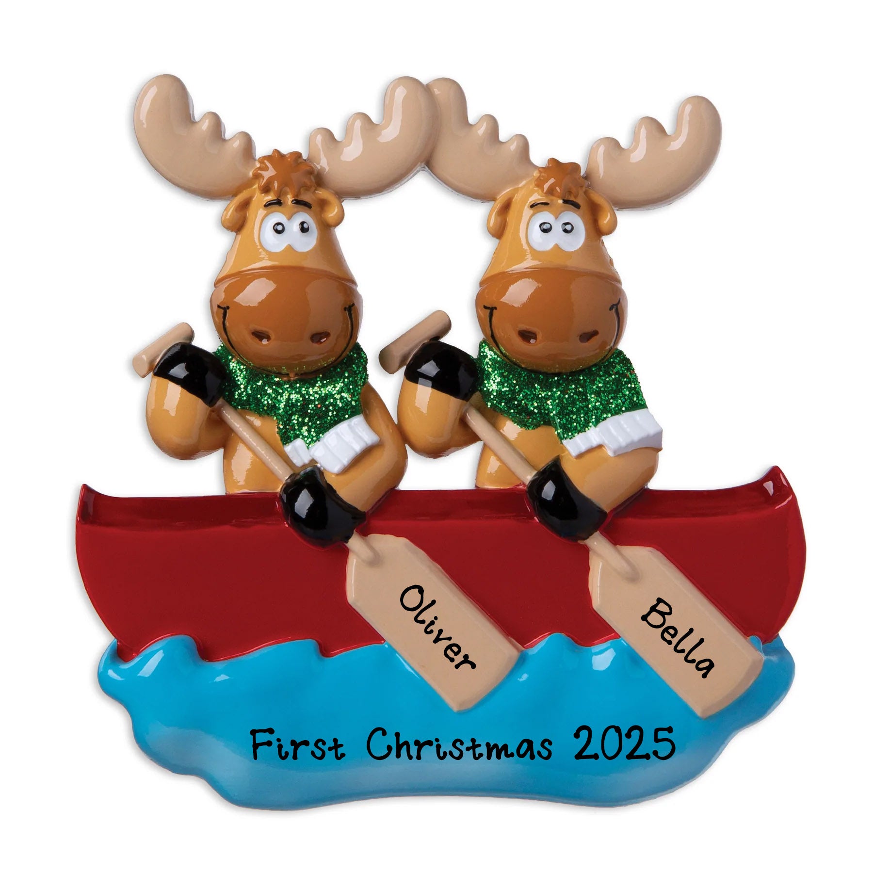 Moose Family of 2 Couple on Canoe Personalized Christmas Tree Hanging Ornament