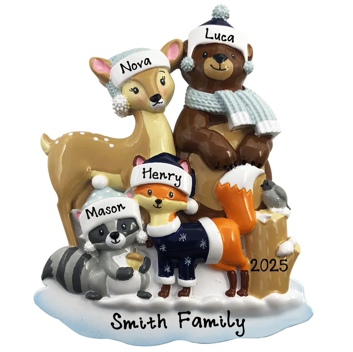 Family of 4 Hand Customized Woodland Zoo Animals Ornament