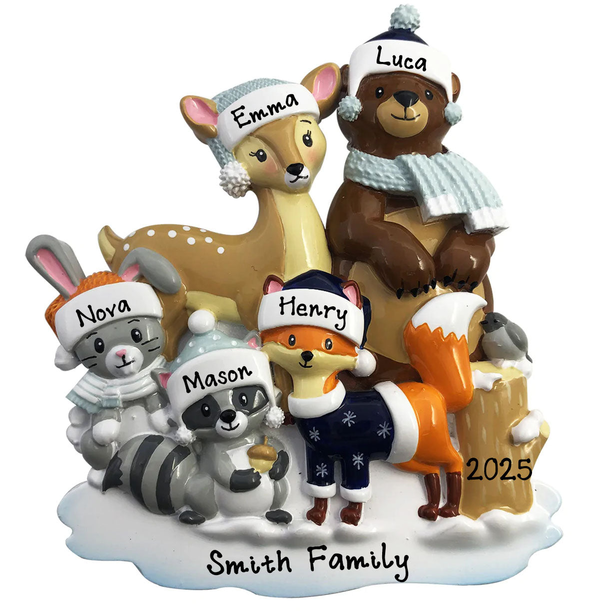 Family of 5 Personalized Woodland Zoo Animals Ornament