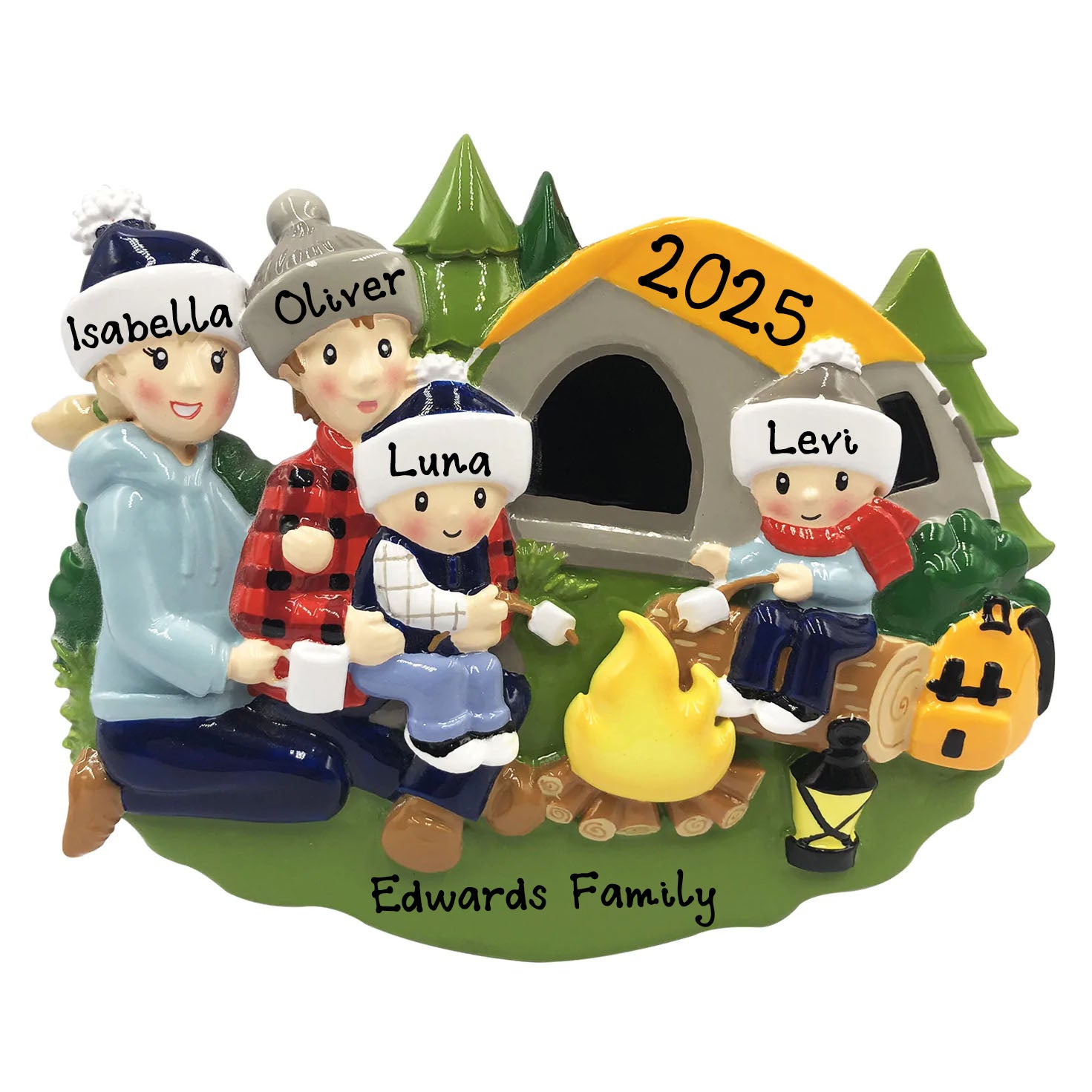 Personalized Camp Fire Family of 4 Christmas Ornament