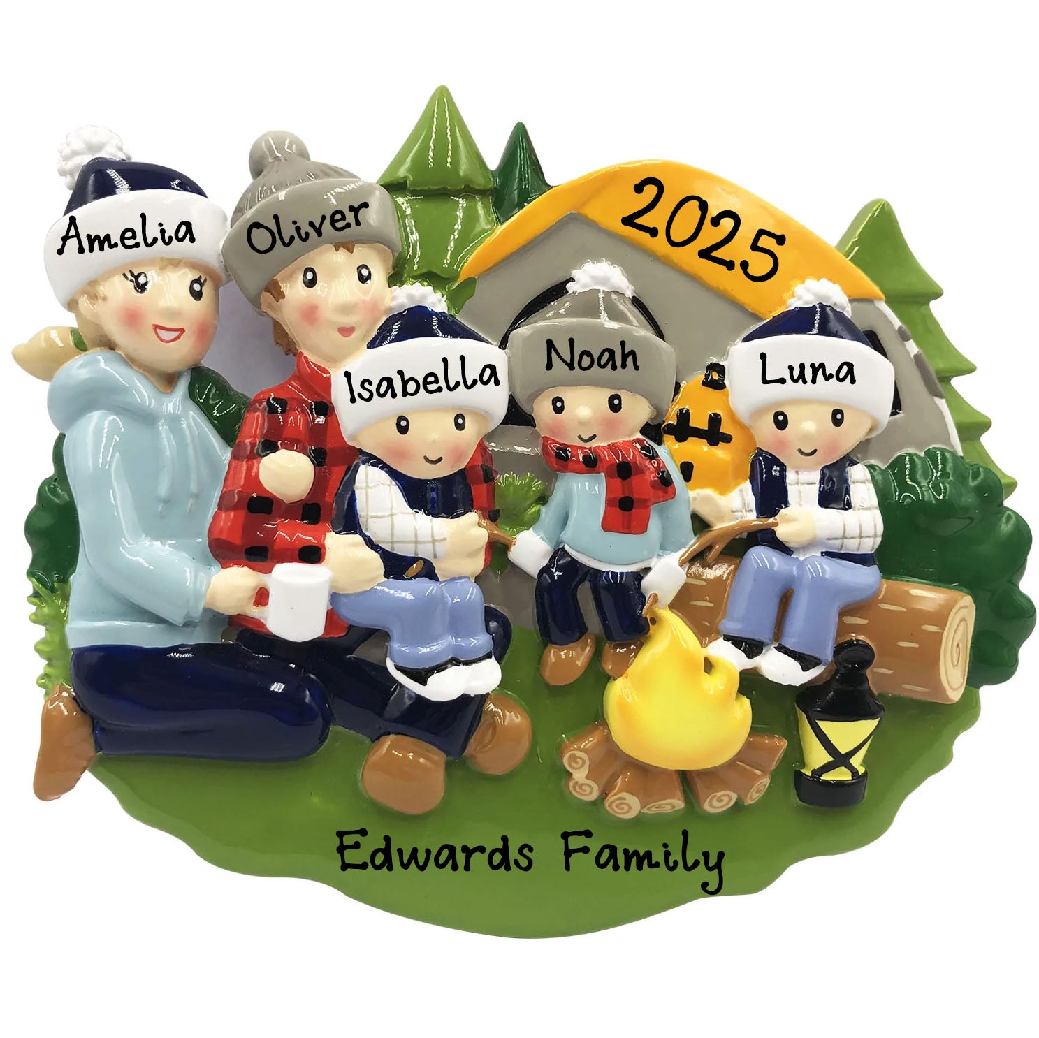 Personalized Camp Fire Family of 5 Christmas Ornament