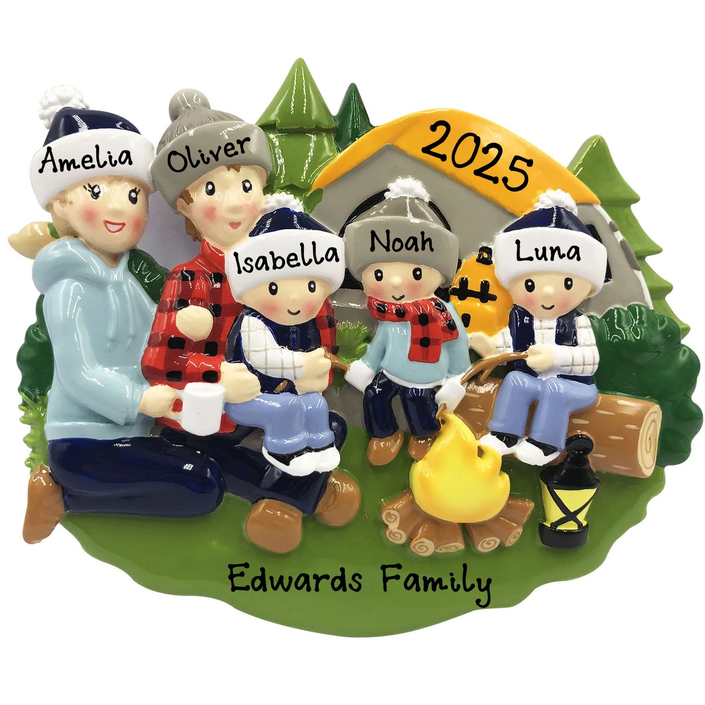 Personalized Camp Fire Family of 5 Christmas Ornament