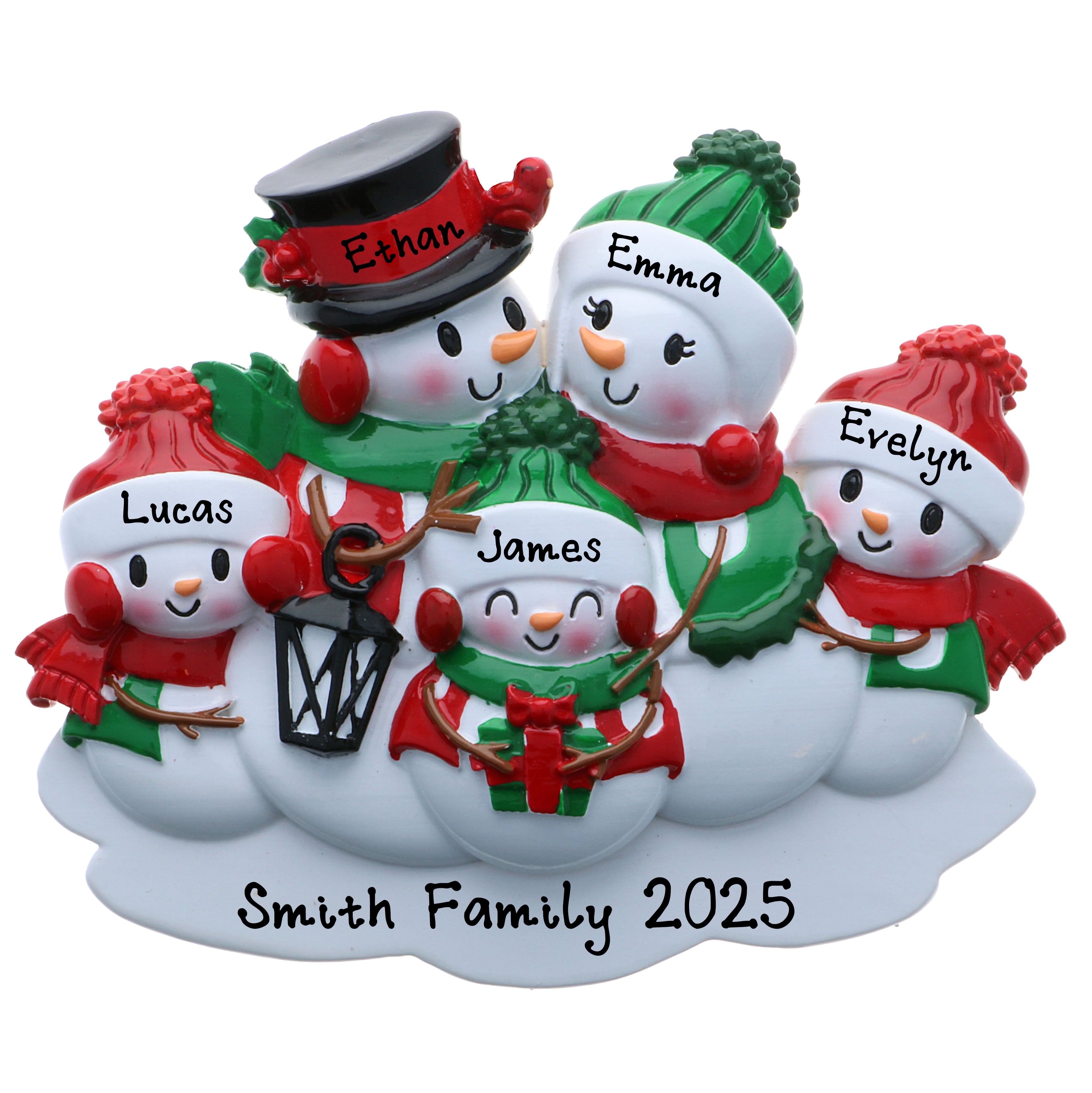 Personalized Snowman Family of 5 Christmas Ornament
