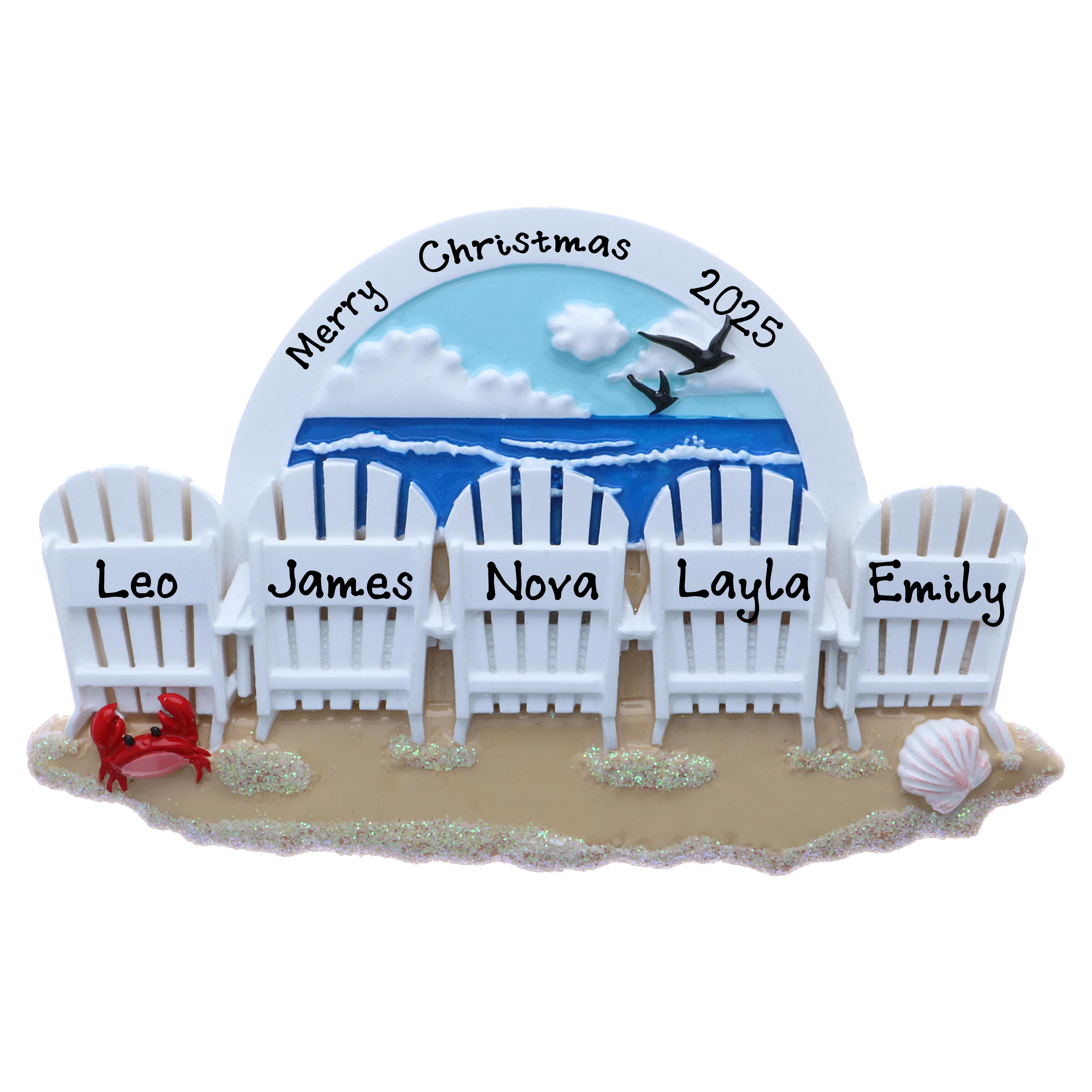 Personalized Beach Chairs Family Christmas Ornament (Beach Chairs Family of 5)