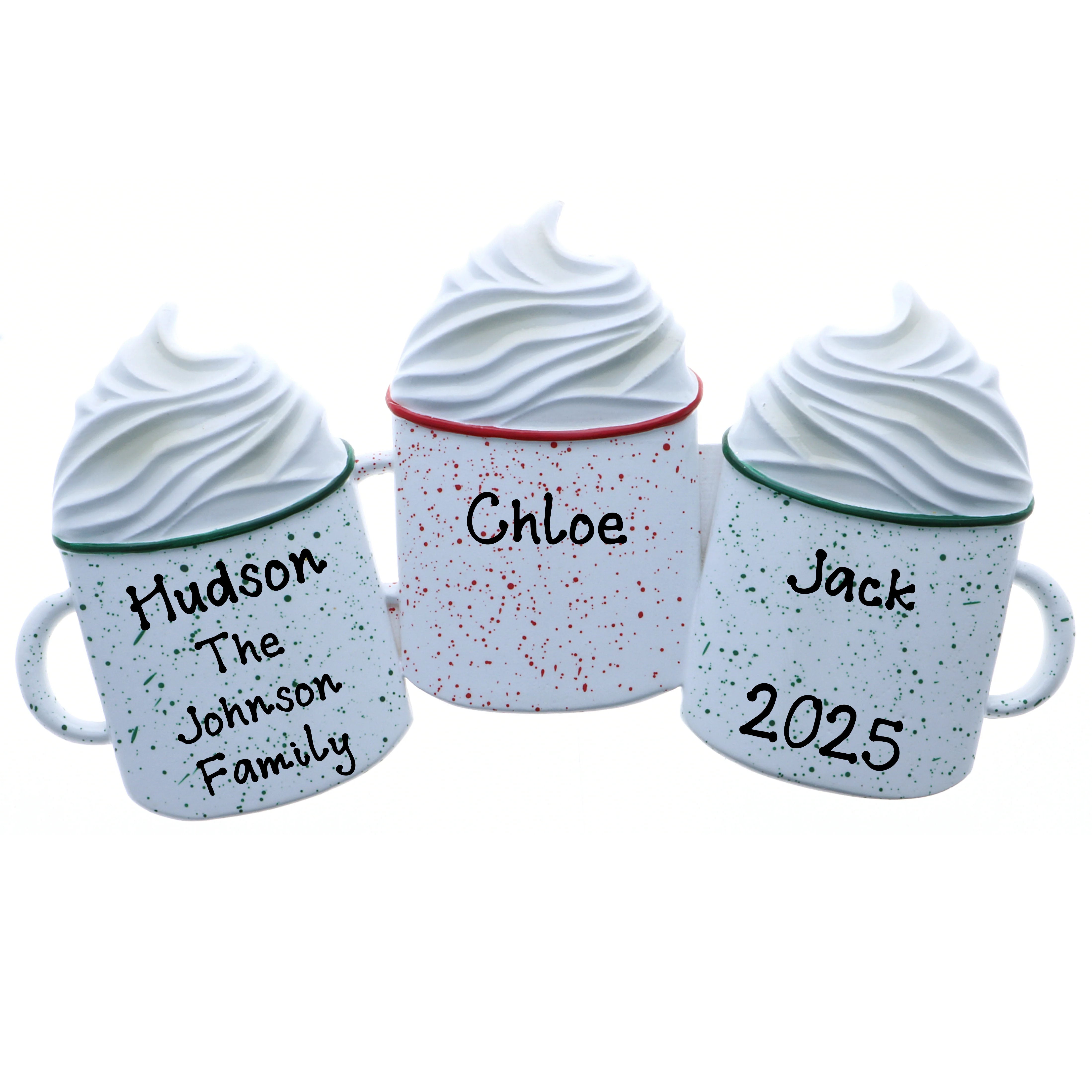 Hot Cocoa with Whipped Cream Personalized Christmas Ornament (Family of 3)
