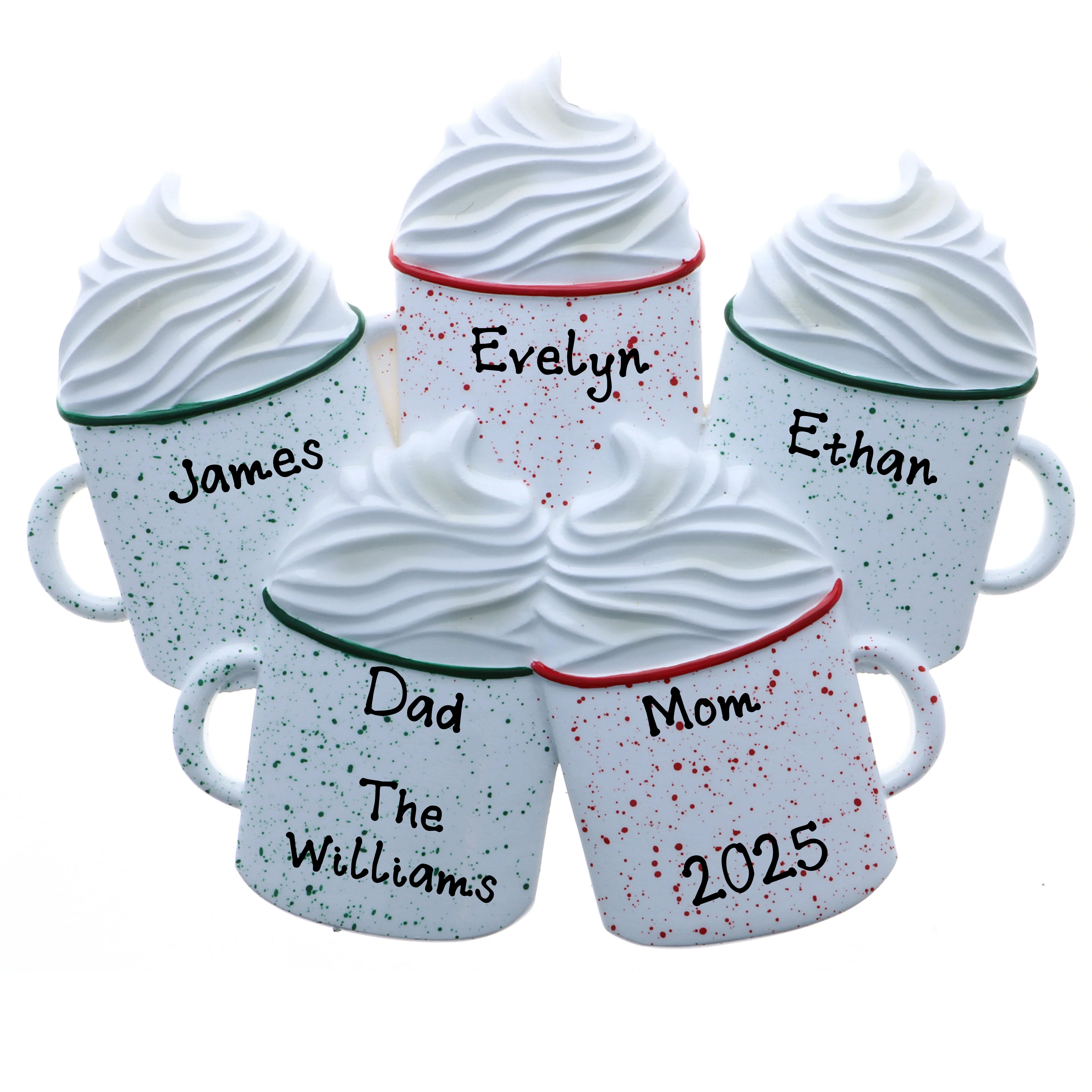 Hot Cocoa with Whipped Cream Personalized Christmas Ornament (Family of 5)