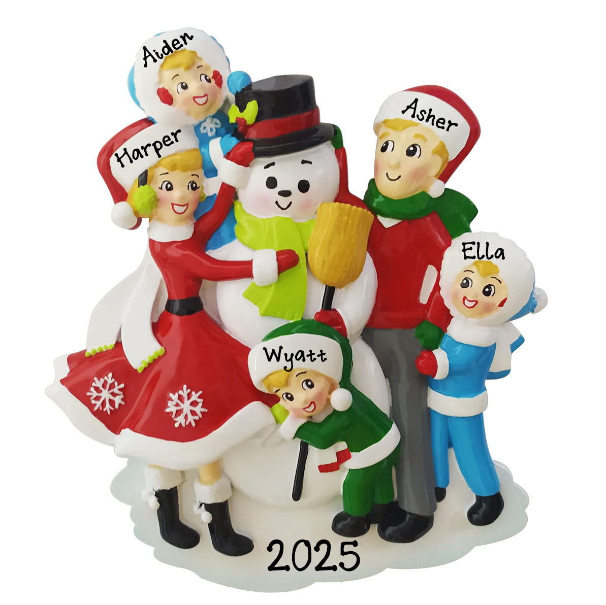 Snowman Building Family of 5 Personalized Christmas Ornament