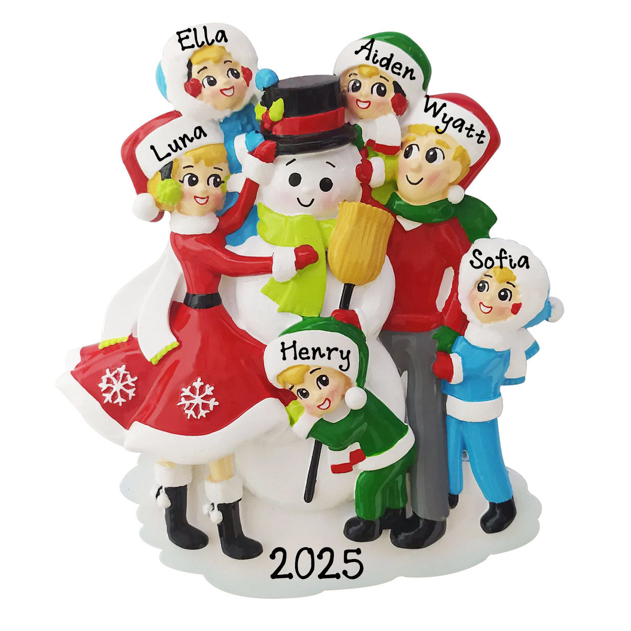 Snowman Building Family of 6 Personalized Christmas Ornament