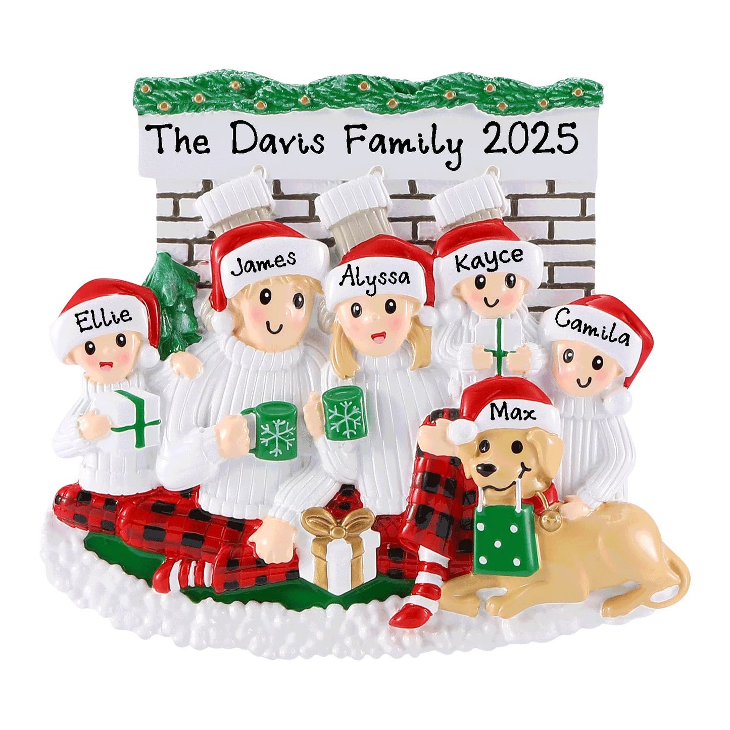 Family Sitting in Front of Fireplace Personalized Christmas Ornament (Family of 5)