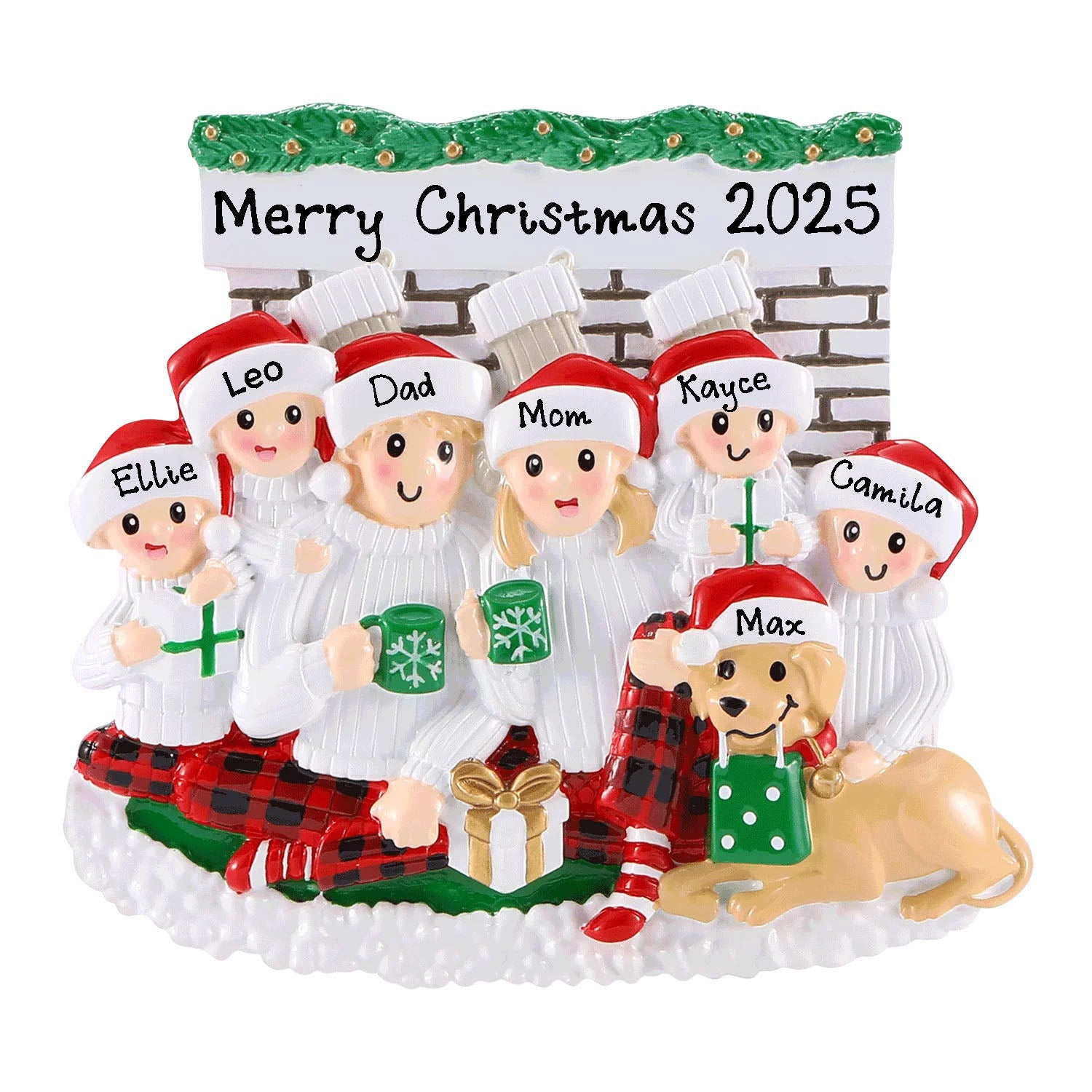 Family Sitting in Front of Fireplace Personalized Christmas Ornament (Family of 6)
