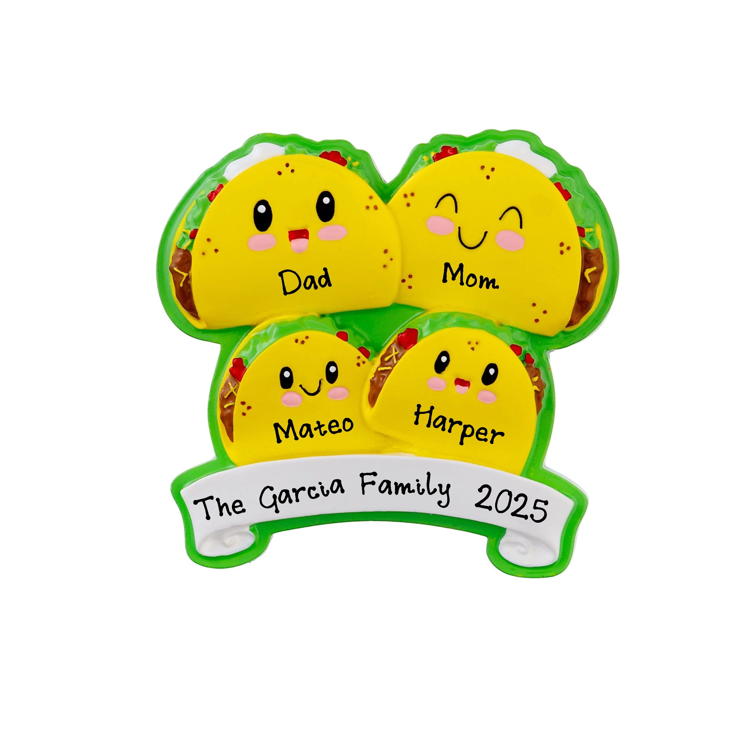 Tacos Family of 4 Personalized Christmas Tree Hanging Ornament