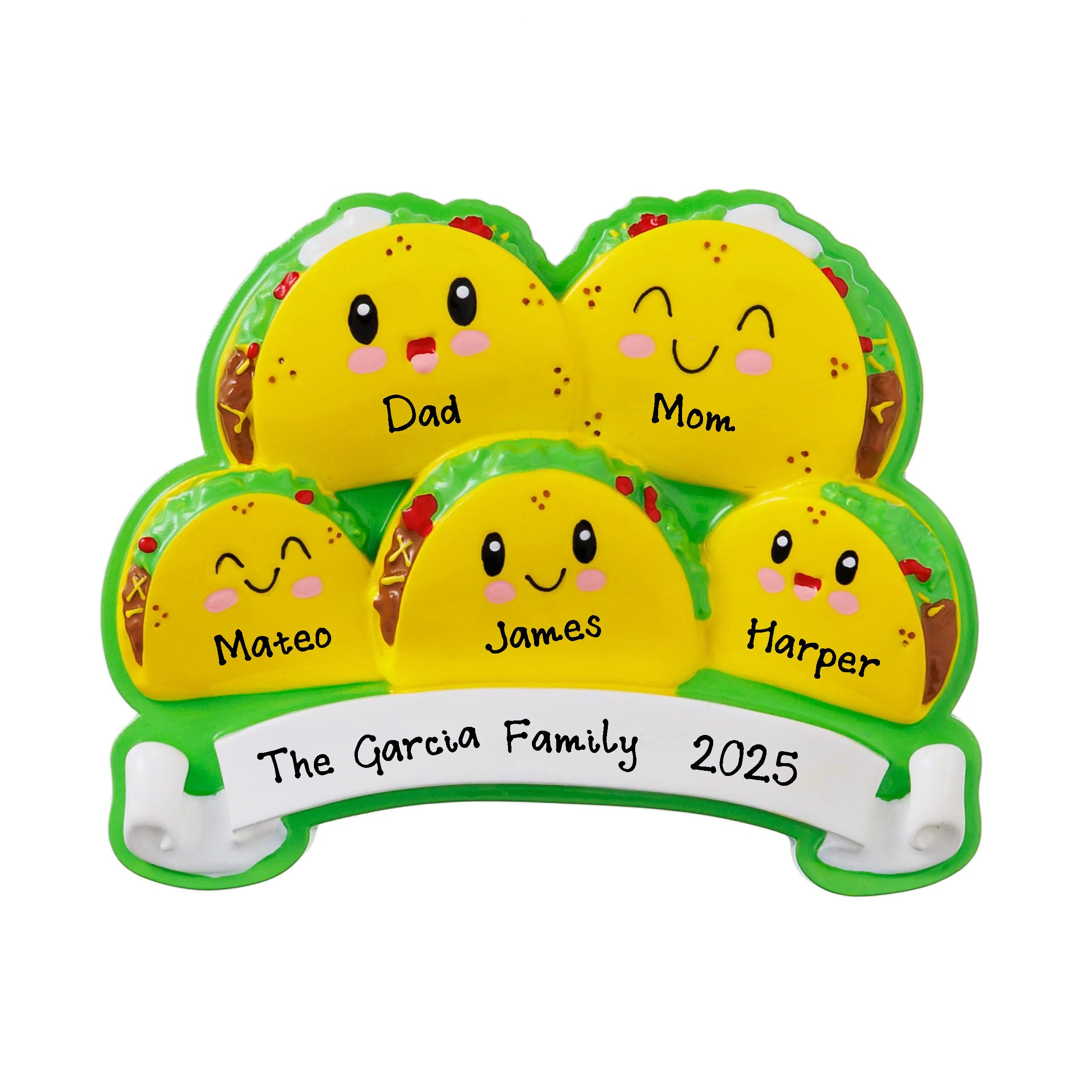 Tacos Family of 5 Personalized Christmas Tree Hanging Ornament