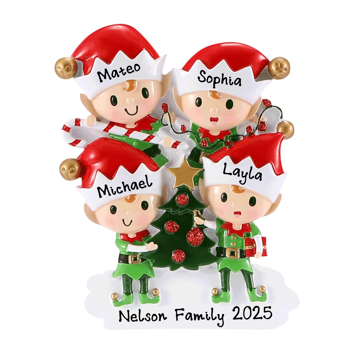 Elves Doing Things Personalized Christmas Ornament (Family of 4)