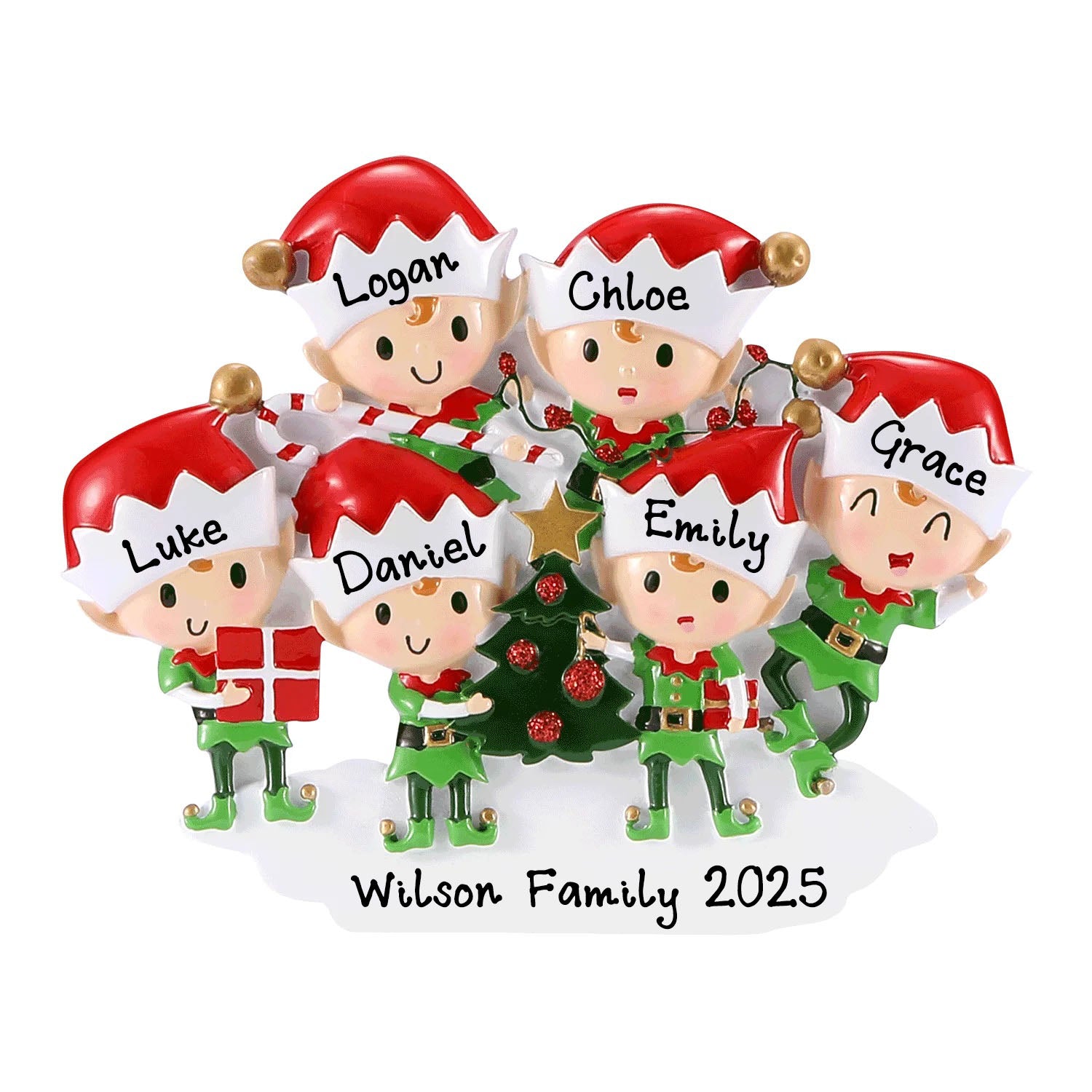 Elves Doing Things Personalized Christmas Ornament (Family of 6)