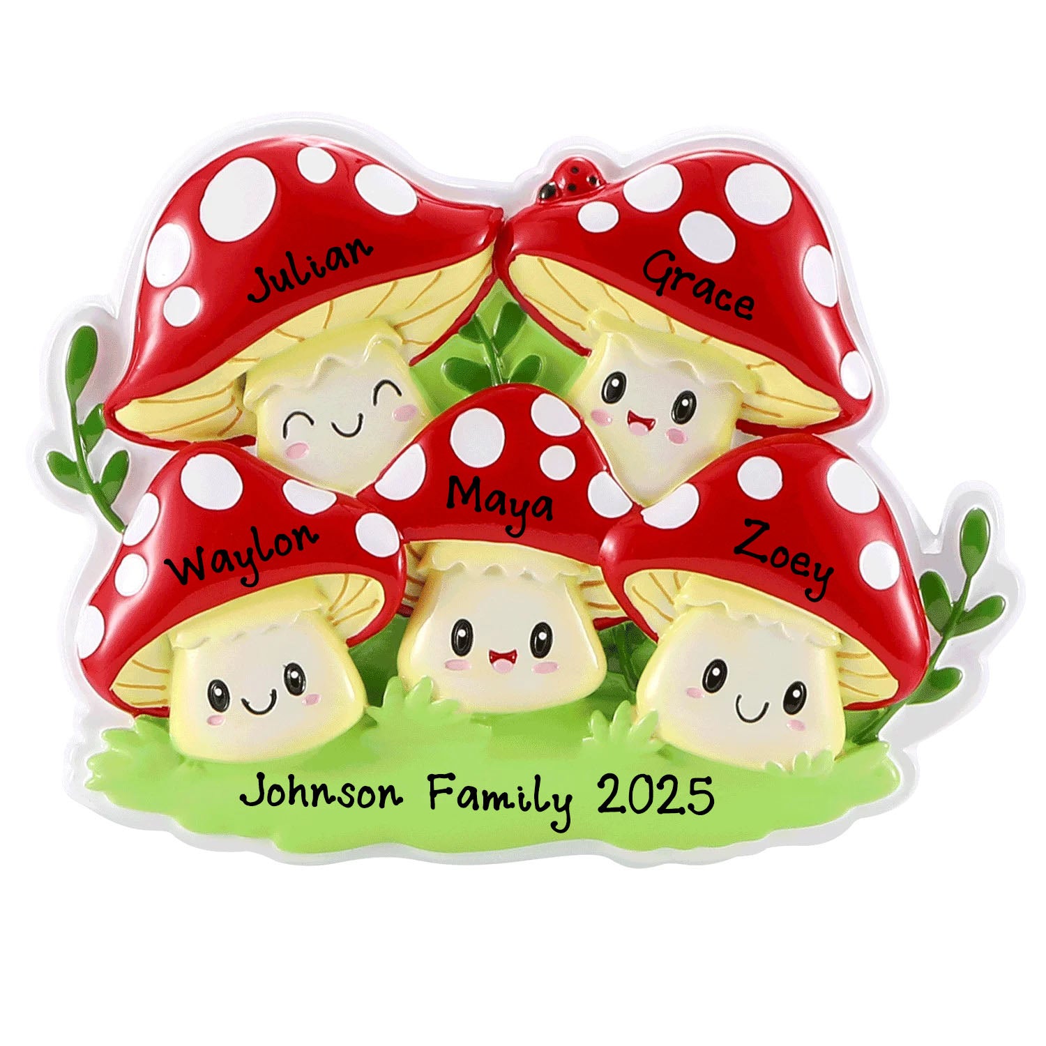 New Lucky Mushroom Family Personalized Ornament (Family of 5)