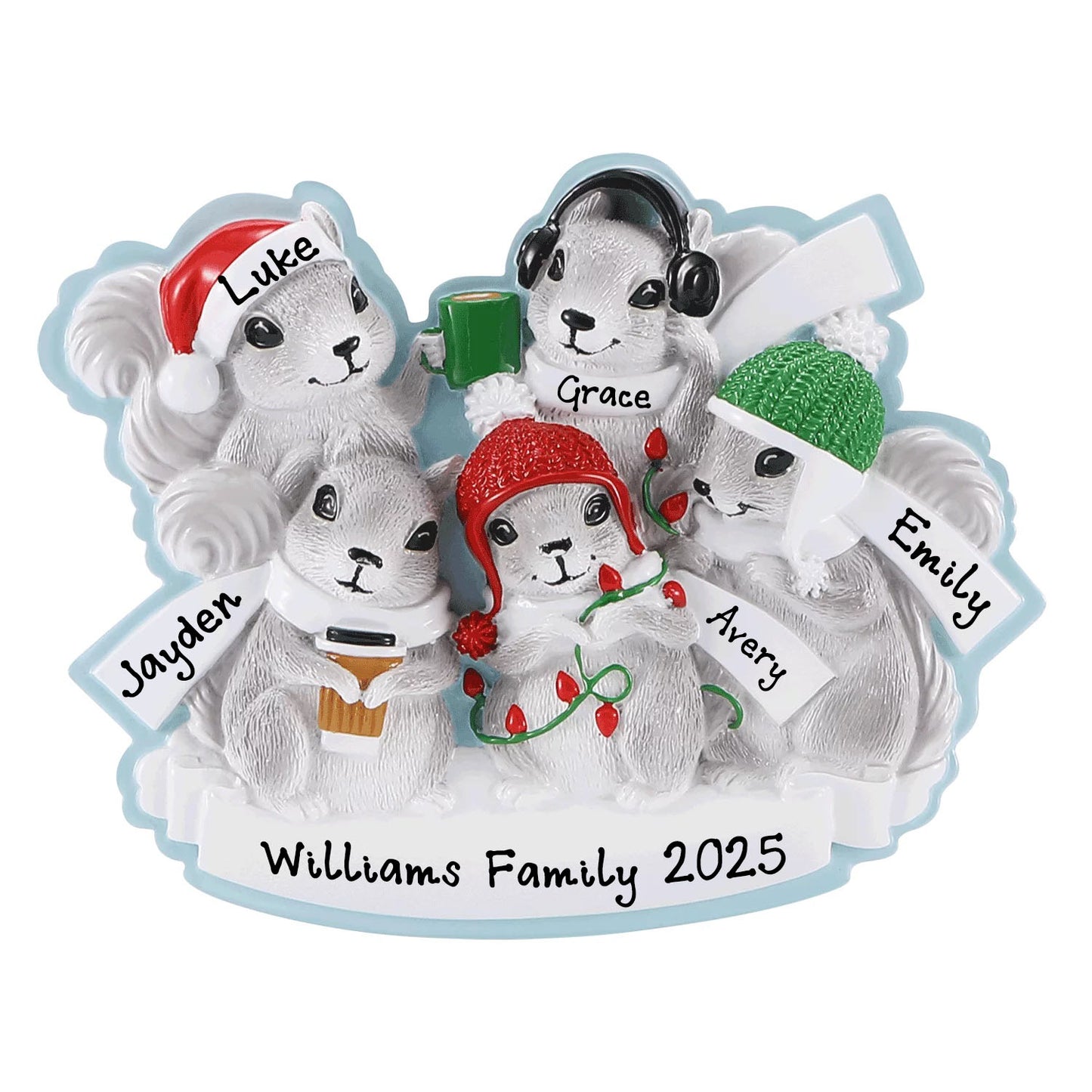Grey Squirrel Family Personalized Christmas Ornament (Family of 5)