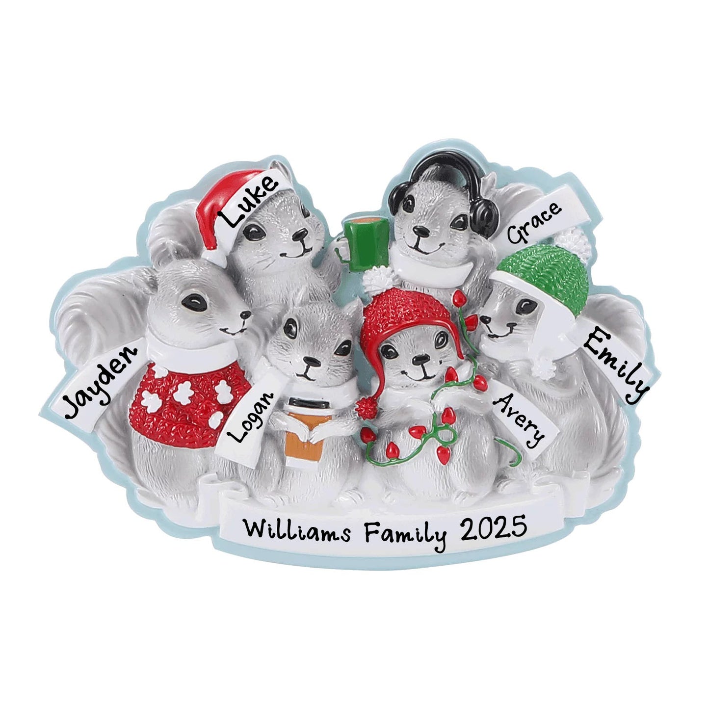 Grey Squirrel Family Personalized Christmas Ornament (Family of 6)