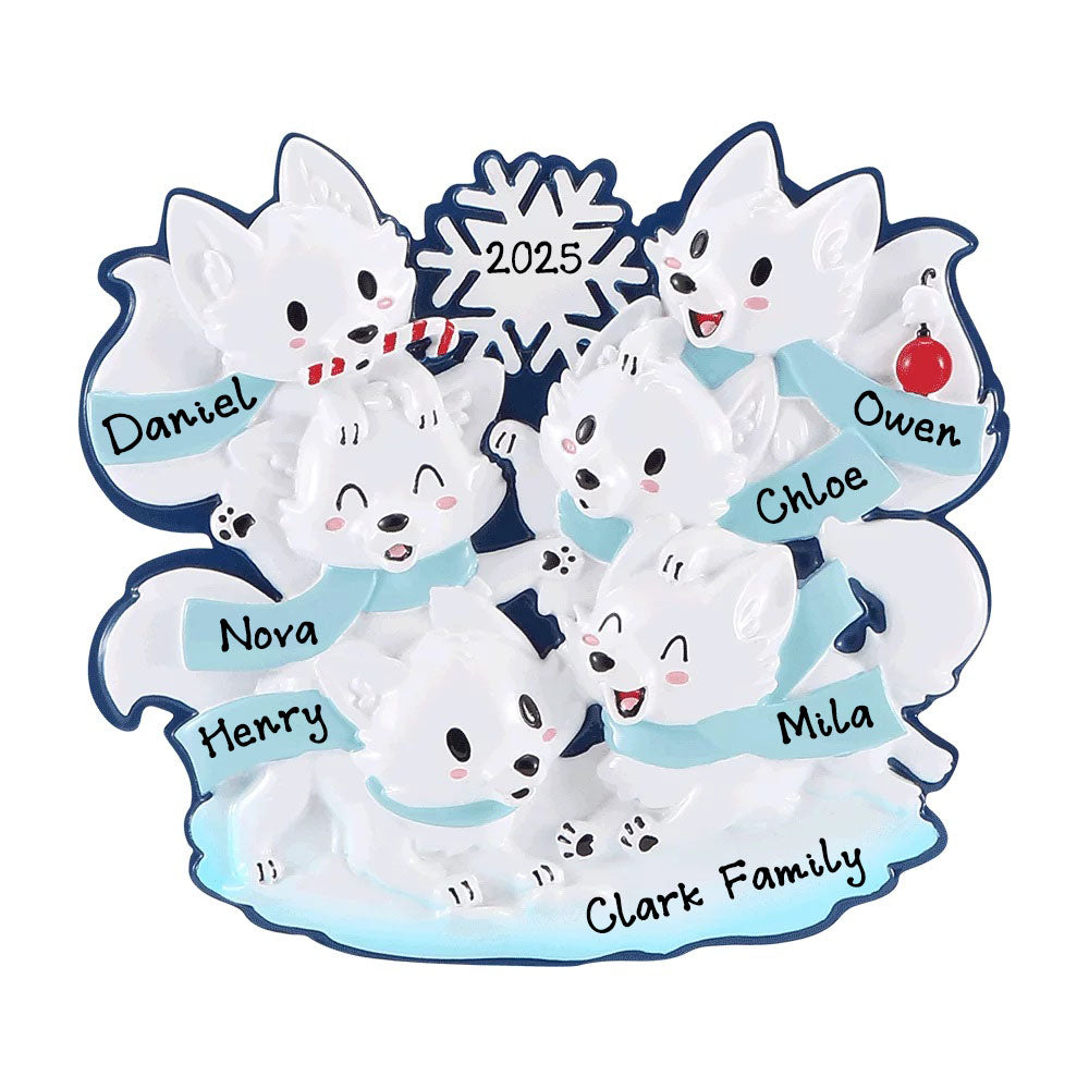 New Arctic Fox Family of 6 Personalized Ornaments