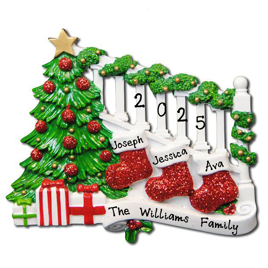 Personalized Family Ornament Bannister with Stocking (Family of 3)