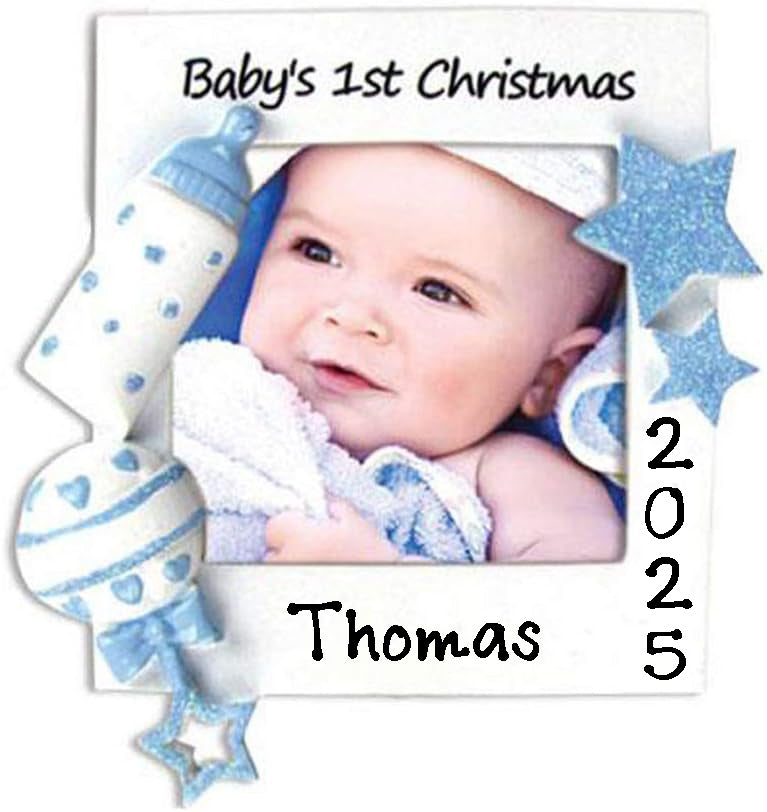Christmas Baby Frame Personalized Ornament (Blue)