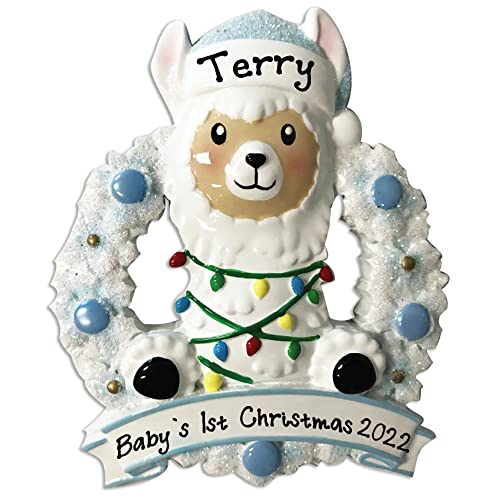 Baby Llama in Wreath Personalized Baby`s First Christmas Tree Hanging Ornament (Blue)