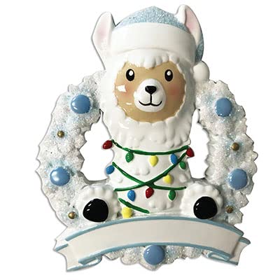 Baby Llama in Wreath Personalized Baby`s First Christmas Tree Hanging Ornament (Blue)