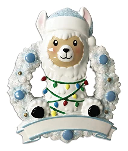 Baby Llama in Wreath Personalized Baby`s First Christmas Tree Hanging Ornament (Blue)