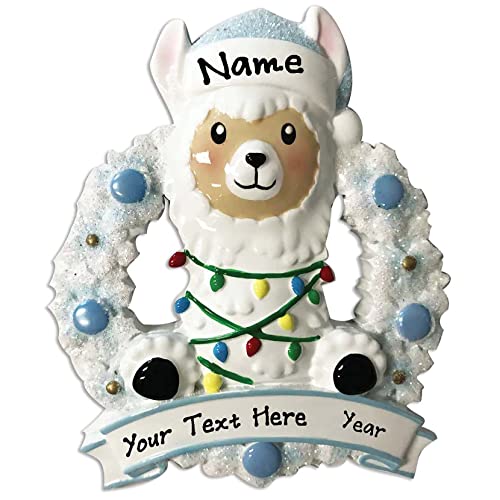 Baby Llama in Wreath Personalized Baby`s First Christmas Tree Hanging Ornament (Blue)