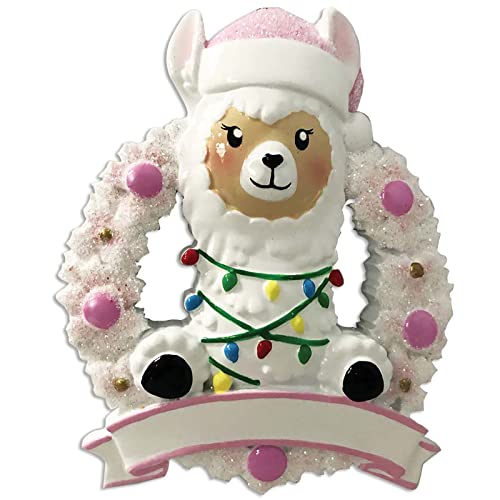 Baby Llama in Wreath Personalized Baby`s First Ornament- (Pink)
