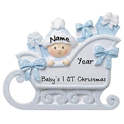Baby in Sleigh Personalized Ornament (Blue) Default Title