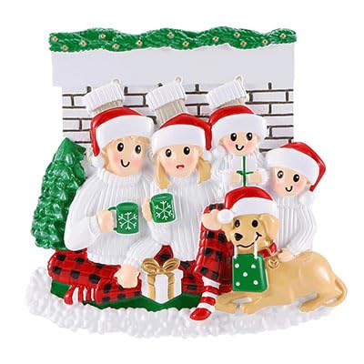 Family Sitting in Front of Fireplace Personalized Christmas Ornament (Family of 4)