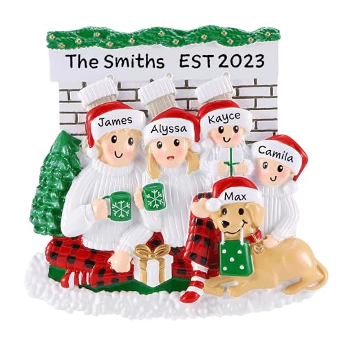 Family Sitting in Front of Fireplace Personalized Christmas Ornament (Family of 4)