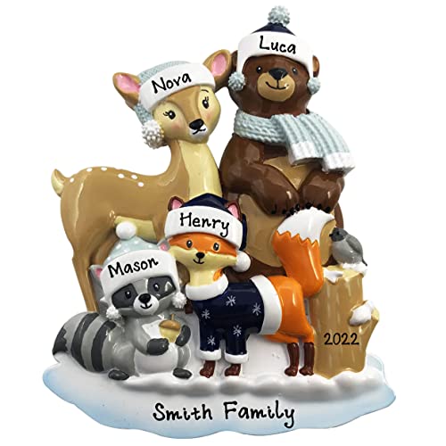 Family of 4 Hand Customized Woodland Zoo Animals Ornament
