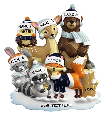 Family of 6 Personalized Woodland Zoo Animals Ornament
