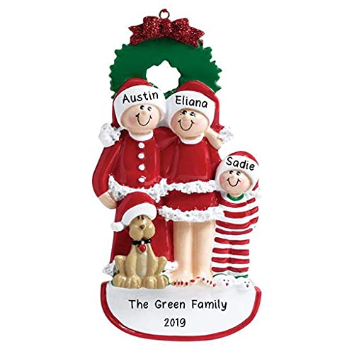 Family with Dog and Ribbon Personalized Ornament (Family of 3)