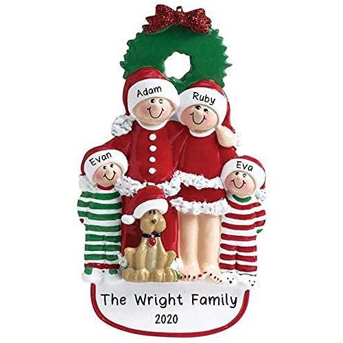 Family with Dog and Ribbon Personalized Ornament (Family of 5)