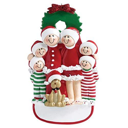 Family with Dog and Ribbon Personalized Ornament (Family of 6)