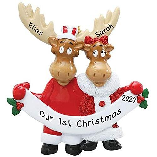 Moose Family in Santa Clothes Personalized Ornament (Family of 2)