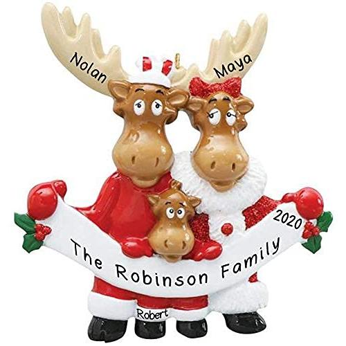 Moose Family in Santa Clothes Personalized Ornament (Family of 3)