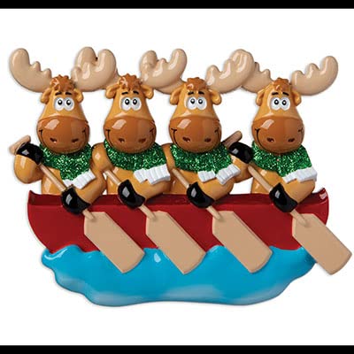 Moose Family of 4 on Canoe Personalized Christmas Tree Hanging Ornament
