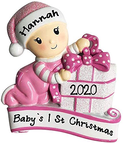 New Baby Opening Present Ornament (Pink)