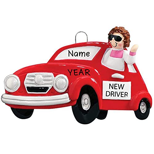 New Driver Girl Personalized Ornament (Red Car) Default Title