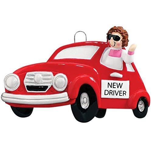 New Driver Girl Personalized Ornament (Red Car)