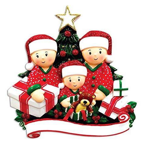 Opening Present Family Pajamas Personalized Ornament (Family of 3)