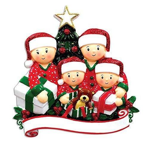 Opening Present Family Pajamas Personalized Ornament (Family of 4)