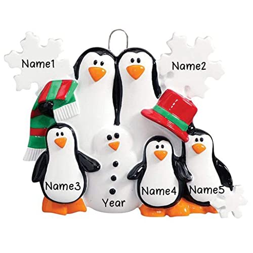 Penguins Making Snowman Personalized Ornament (Family of 5)